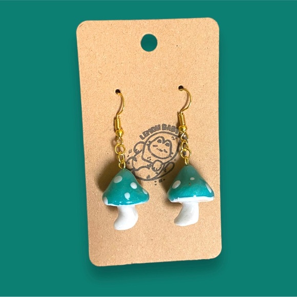 Handmade Cottagecore Mushroom Earrings in Green - Seafoam - Cute Dangle Style - Picture 1 of 5